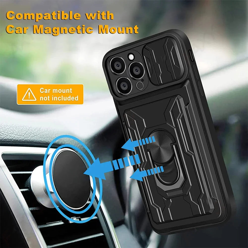 Premium iPhone Case Wallet MagSafe Compatible Silicone Card Holder Ring Stand Shockproof Protective Cover Camera Lens Protection Slim Design