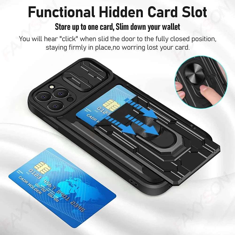 Premium iPhone Case Wallet MagSafe Compatible Silicone Card Holder Ring Stand Shockproof Protective Cover Camera Lens Protection Slim Design