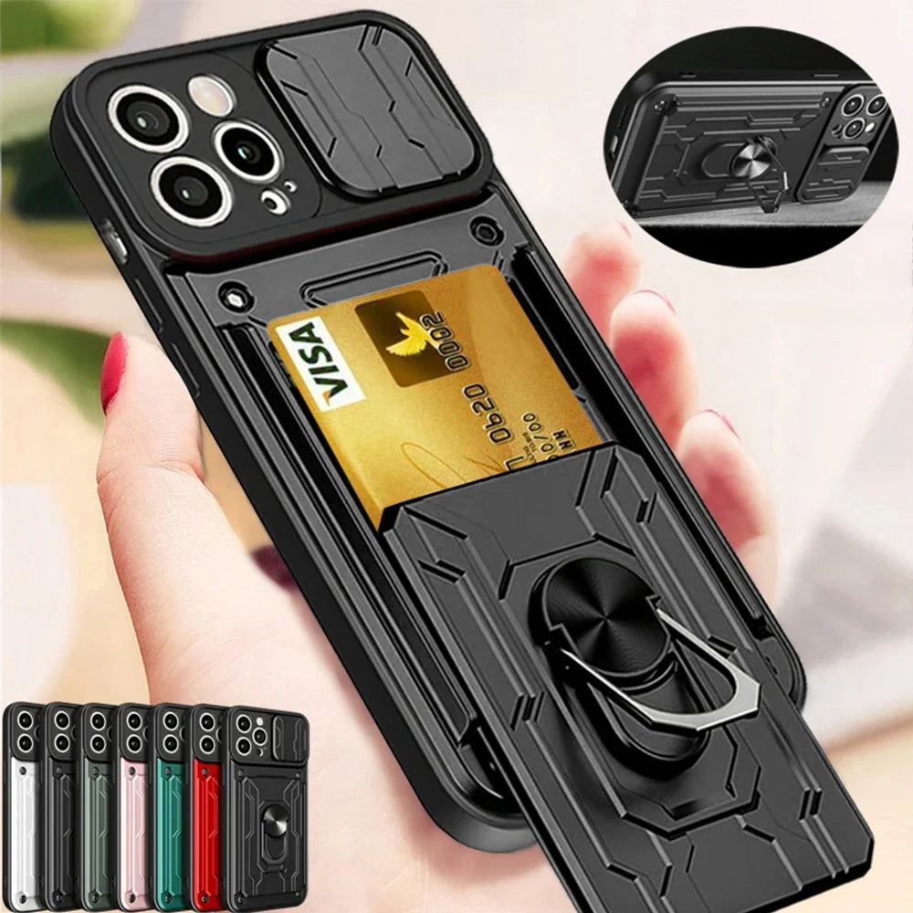Premium iPhone Case Wallet MagSafe Compatible Silicone Card Holder Ring Stand Shockproof Protective Cover Camera Lens Protection Slim Design