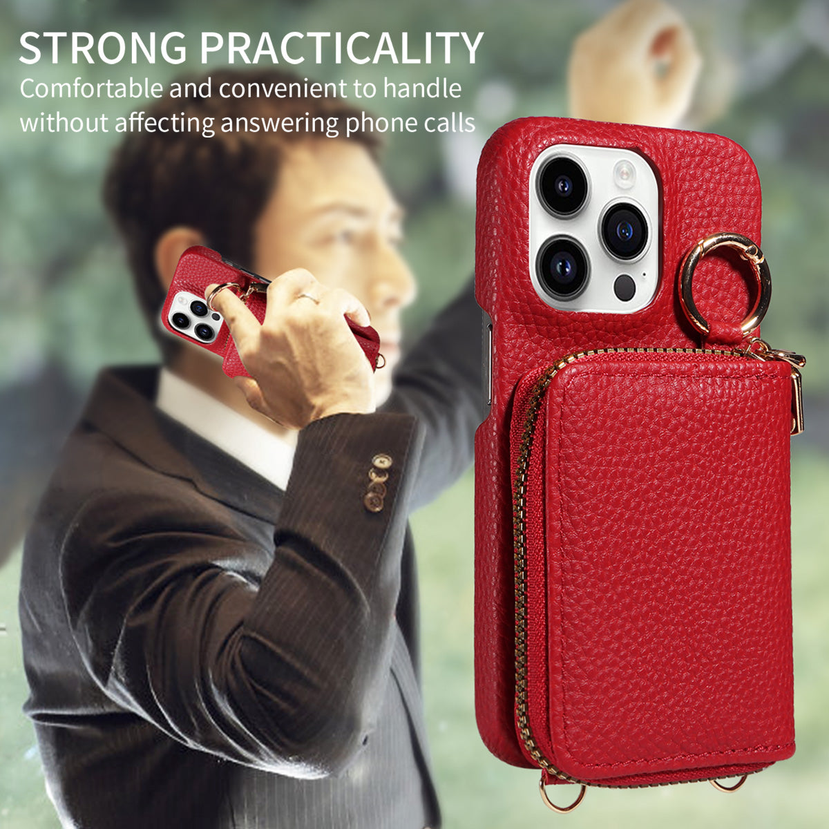 Premium iPhone Case Zipper Wallet Crossbody Cover PU Leather Card Holder Lanyard Strap Magnetic Closure Shockproof Full Protection Slim Design