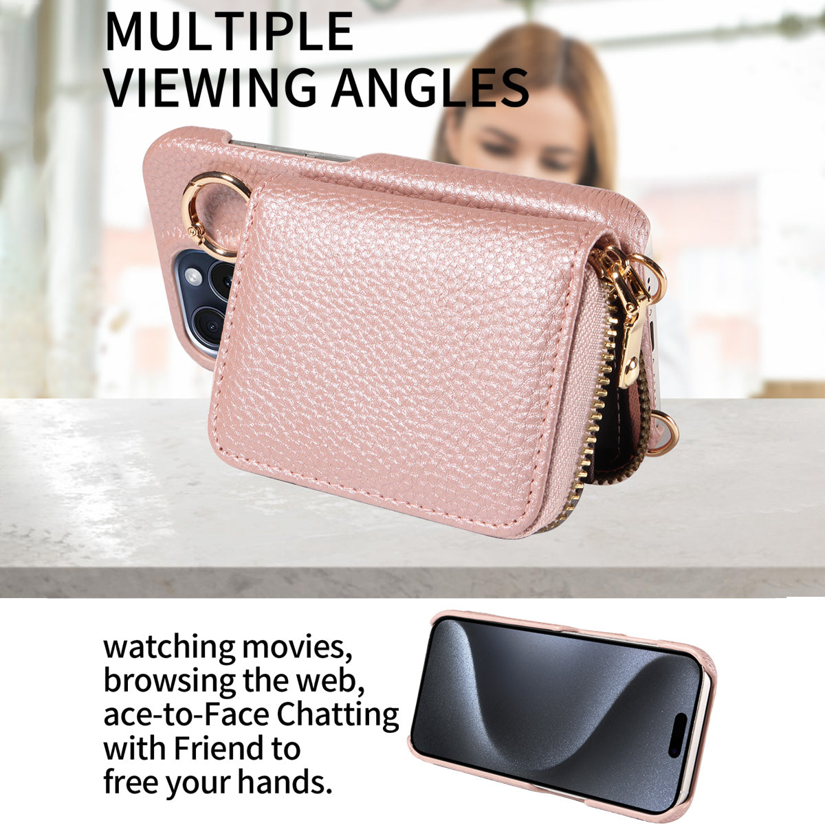 Premium iPhone Case Zipper Wallet Crossbody Cover PU Leather Card Holder Lanyard Strap Magnetic Closure Shockproof Full Protection Slim Design