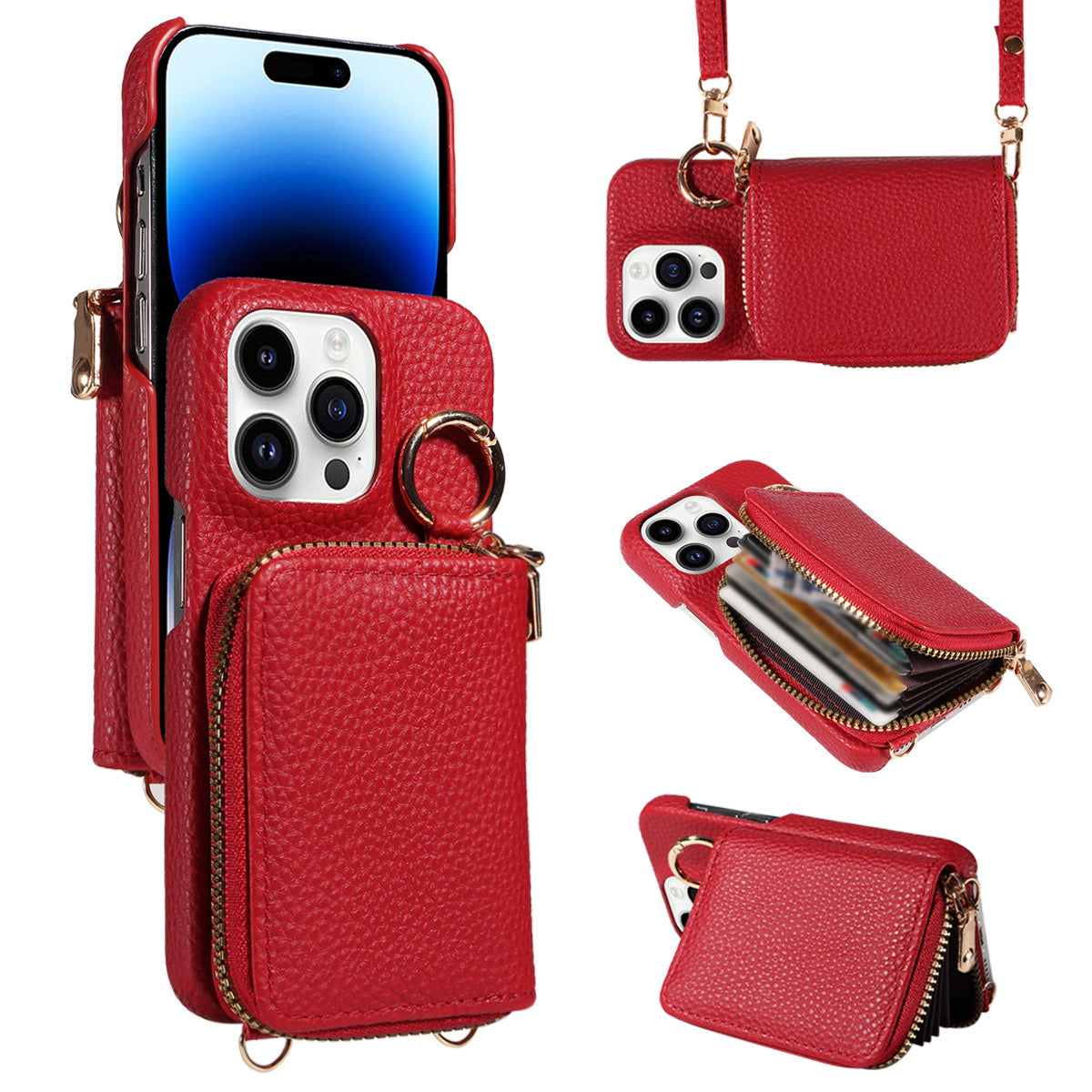 Premium iPhone Case Zipper Wallet Crossbody Cover PU Leather Card Holder Lanyard Strap Magnetic Closure Shockproof Full Protection Slim Design