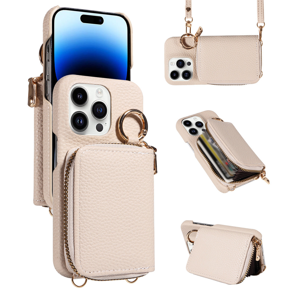 Premium iPhone Case Zipper Wallet Crossbody Cover PU Leather Card Holder Lanyard Strap Magnetic Closure Shockproof Full Protection Slim Design