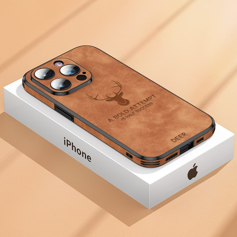 Luxury iPhone Case MagSafe Compatible Deer Leather Texture Silicone Shockproof Protective Cover Camera Lens Protection Slim Bumper Design