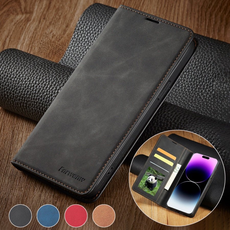 Premium iPhone Case Flip Wallet MagSafe Compatible Leather Card Holder Magnetic Closure Shockproof Protective Cover Camera Lens Protection Stand Function