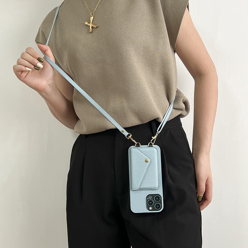 Premium iPhone Case Wallet MagSafe Compatible Crossbody Strap Leather Card Holder Shockproof Protective Cover Camera Lens Protection Slim Design